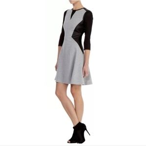 Karen Millen Dress Grey Black Faux Leather Mesh Sleeve Fit Flare Size 4